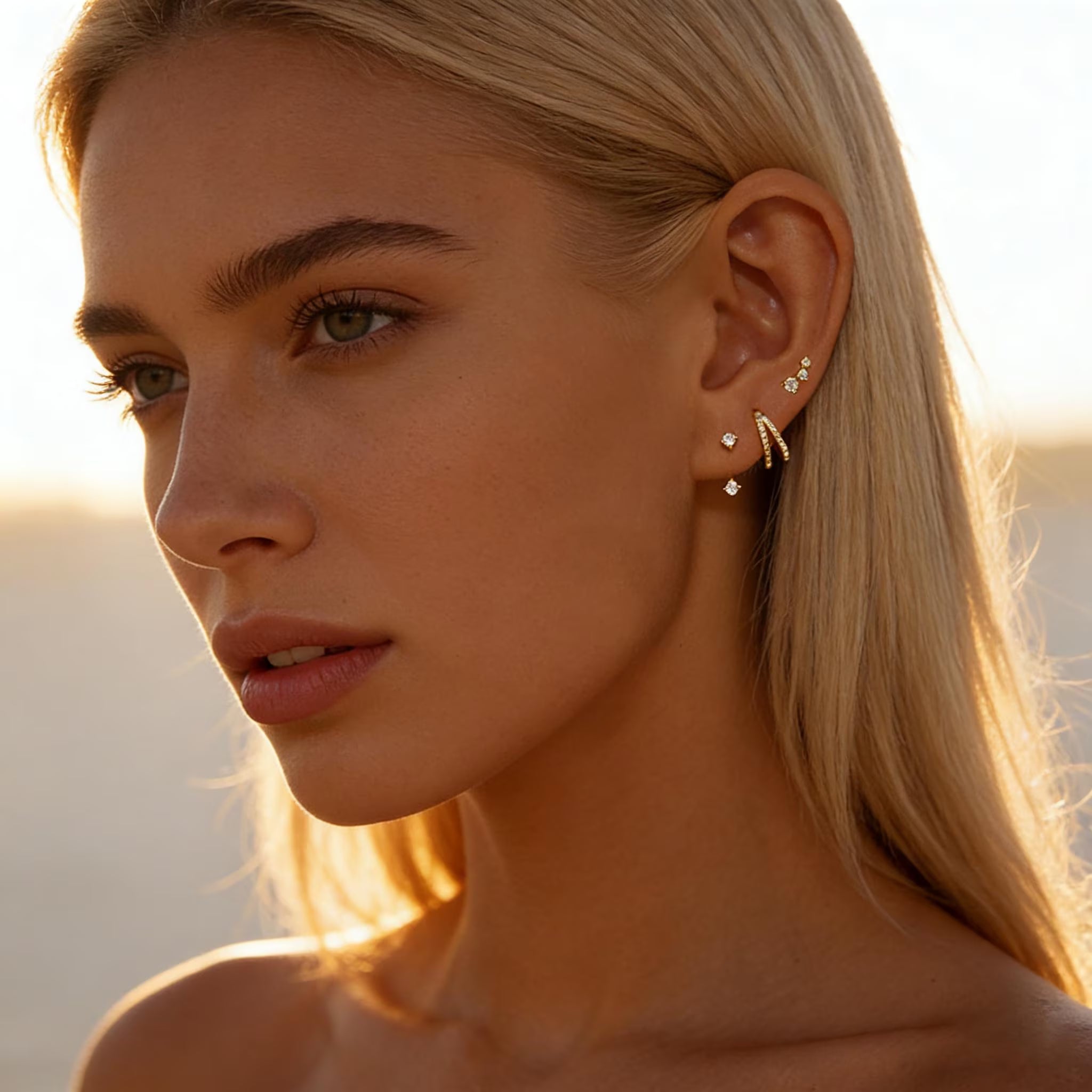 Gold Plated Earrings Set for Women Cubic Zirconia Stud Hoop Earrings Stack Female Casual Daily Jewelry Accessories