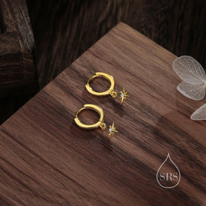 Dazzling 925 Sterling Silver Tiny CZ Starburst Huggie Hoop Earrings in Silver, Gold, or Rose Gold.