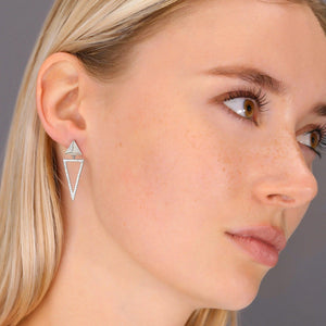 Elegant CZ Double Triangle Dangle Studs in Sterling Silver.