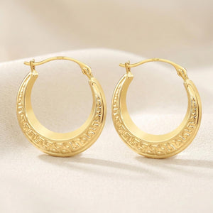 14K Yellow Gold Greek Key Curved round Creole Hoops Earrings, Secure Latch-Back Designer Hoops, by TILO Jewelry
