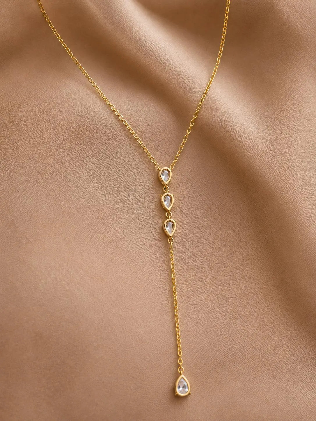 14K Solid Gold 4 Pear Diamond Lariat Necklace, Minimalist Y Drop Necklace, Teardrop Dainty Diamond Jewellery, Gift for Her, DANGLING CARAT