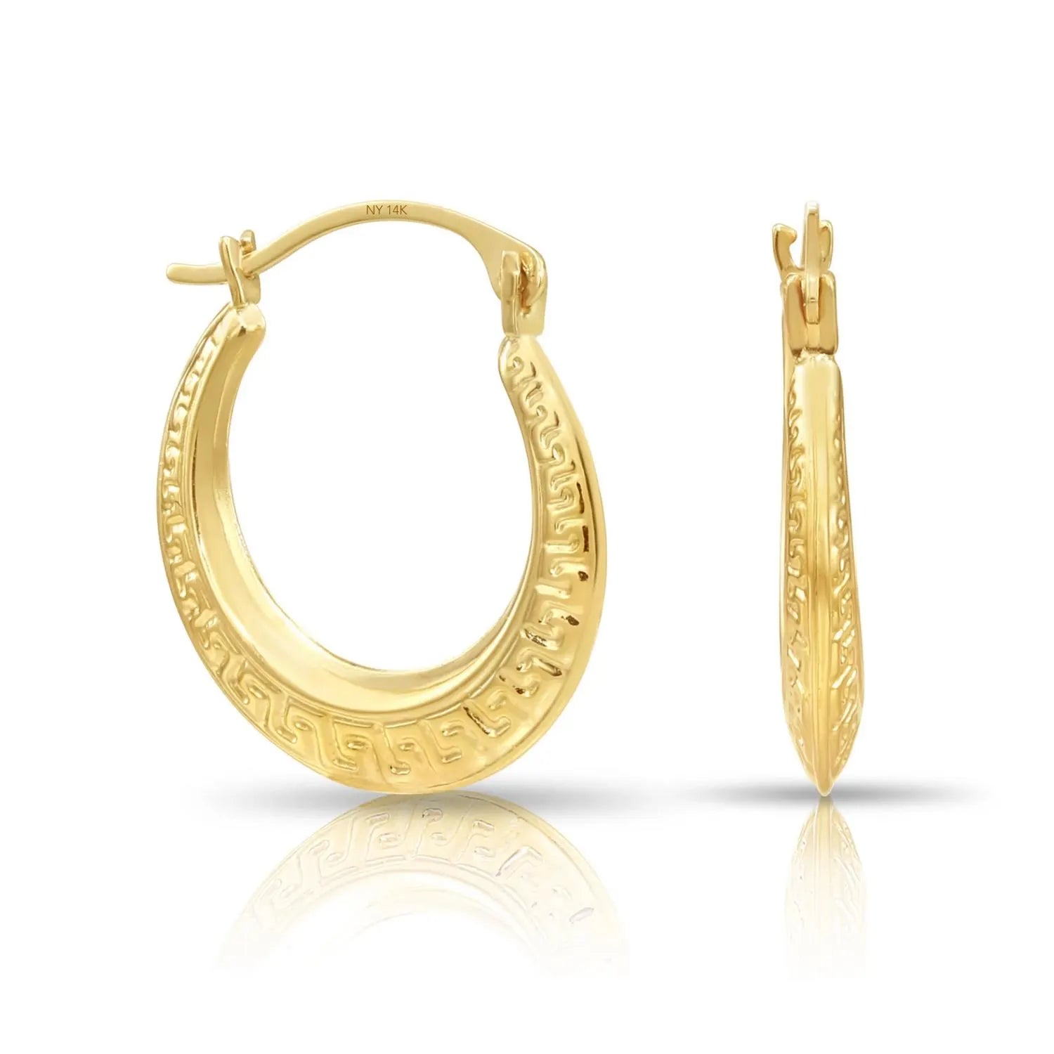 14K Yellow Gold Greek Key Curved round Creole Hoops Earrings, Secure Latch-Back Designer Hoops, by TILO Jewelry
