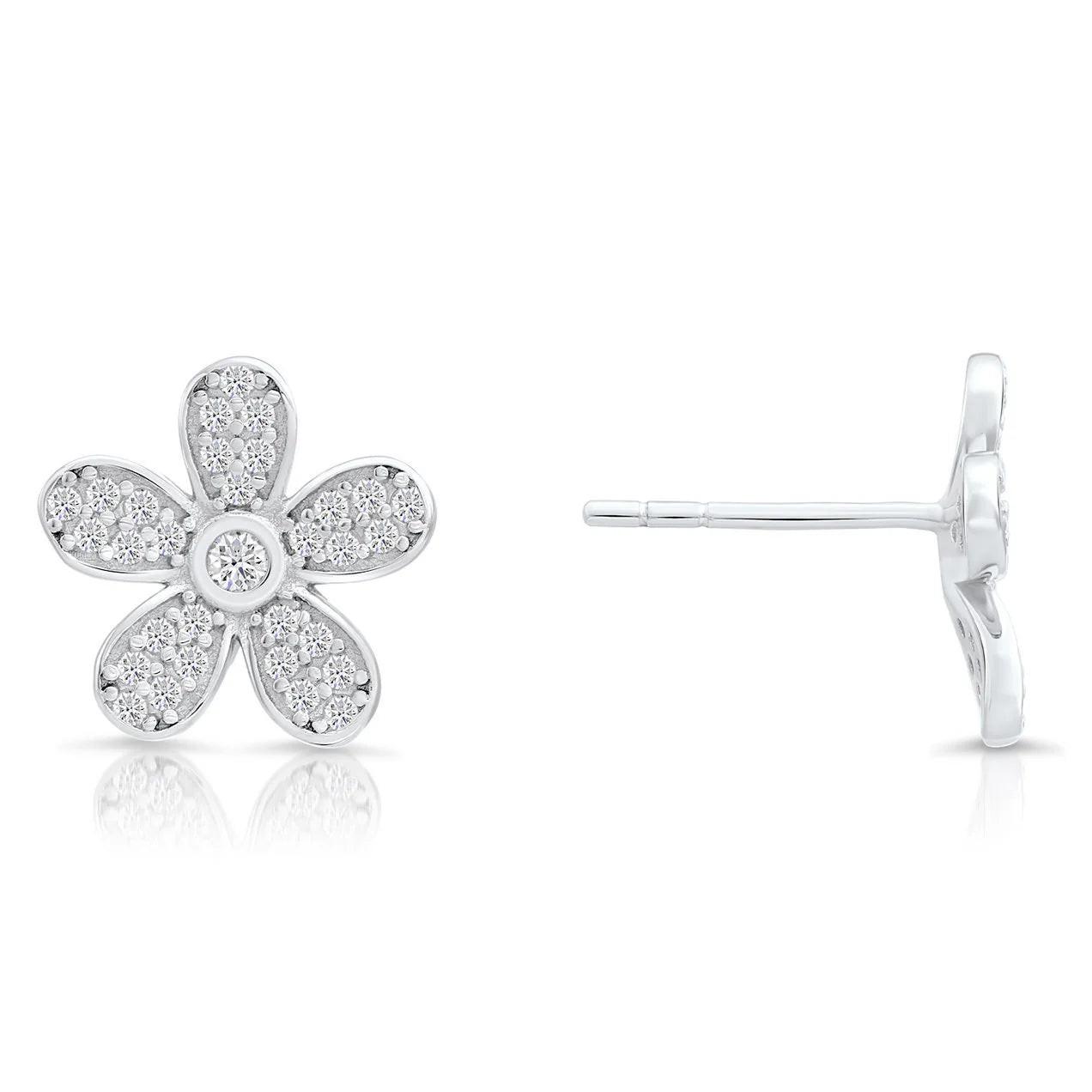 Dazzling CZ Daisy Flower Stud Earrings in Elegant Sterling Silver.