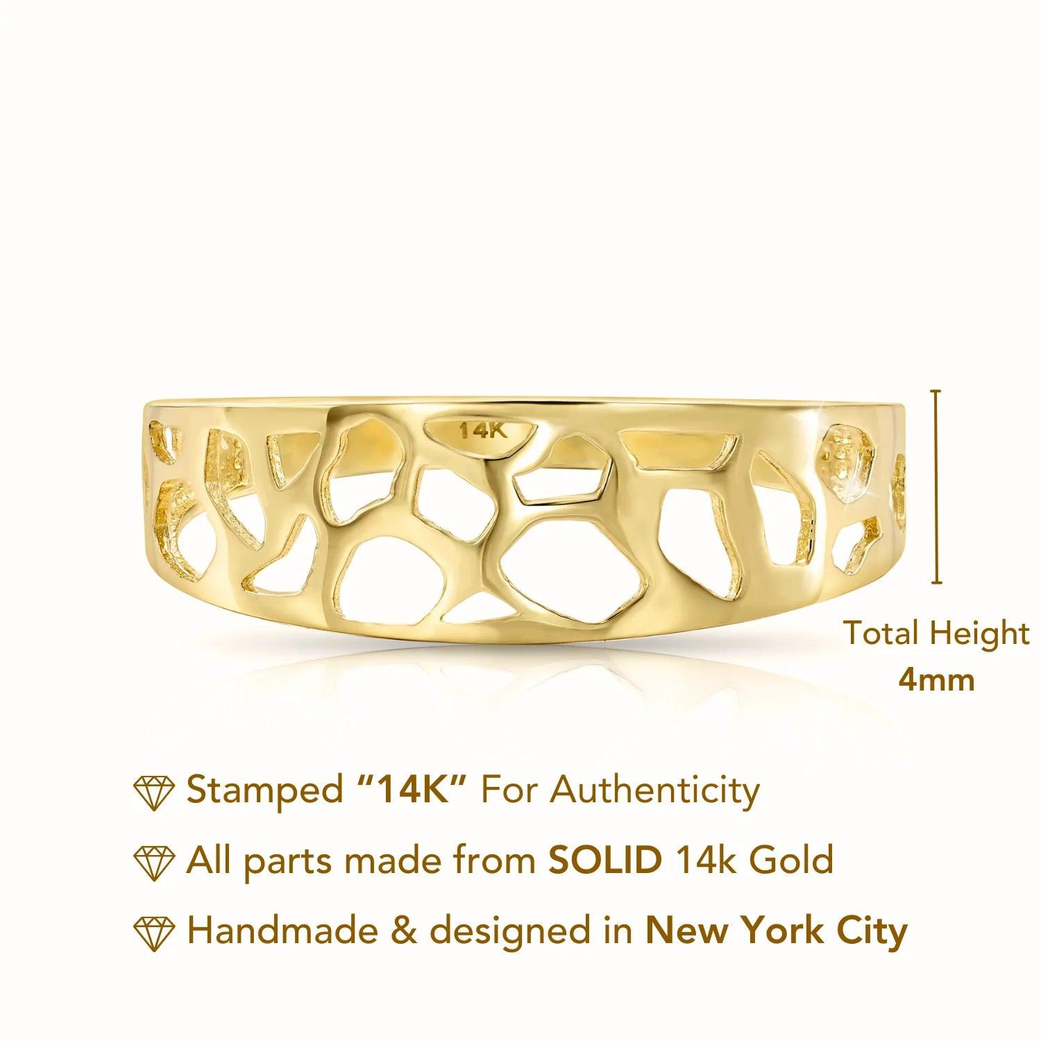 Stunning 14K Yellow Gold Openwork Ring with Unique Artistic Design – Perfect Statement Gift for Her Birthdays & Everyday Elegance.