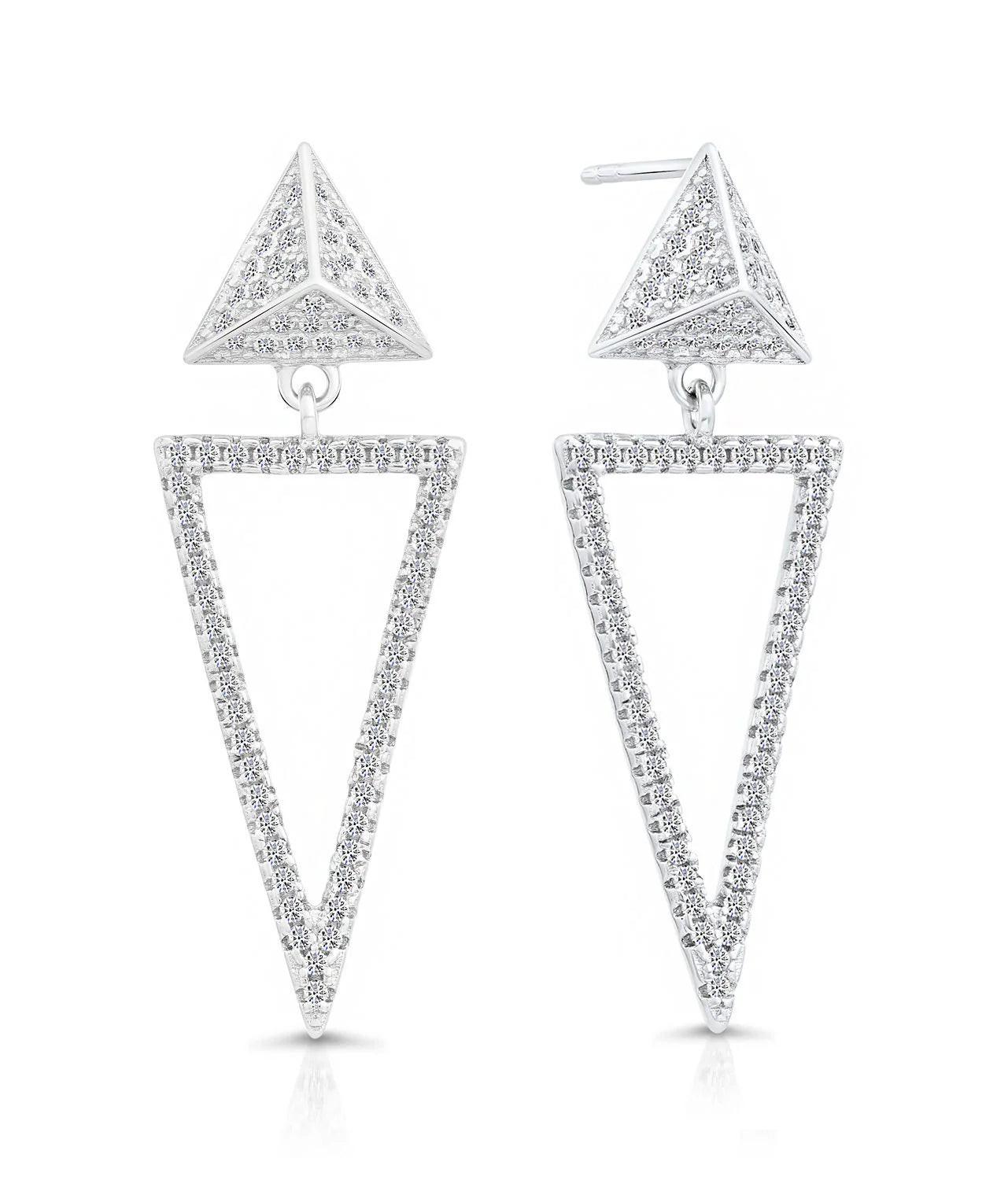 Elegant CZ Double Triangle Dangle Studs in Sterling Silver.