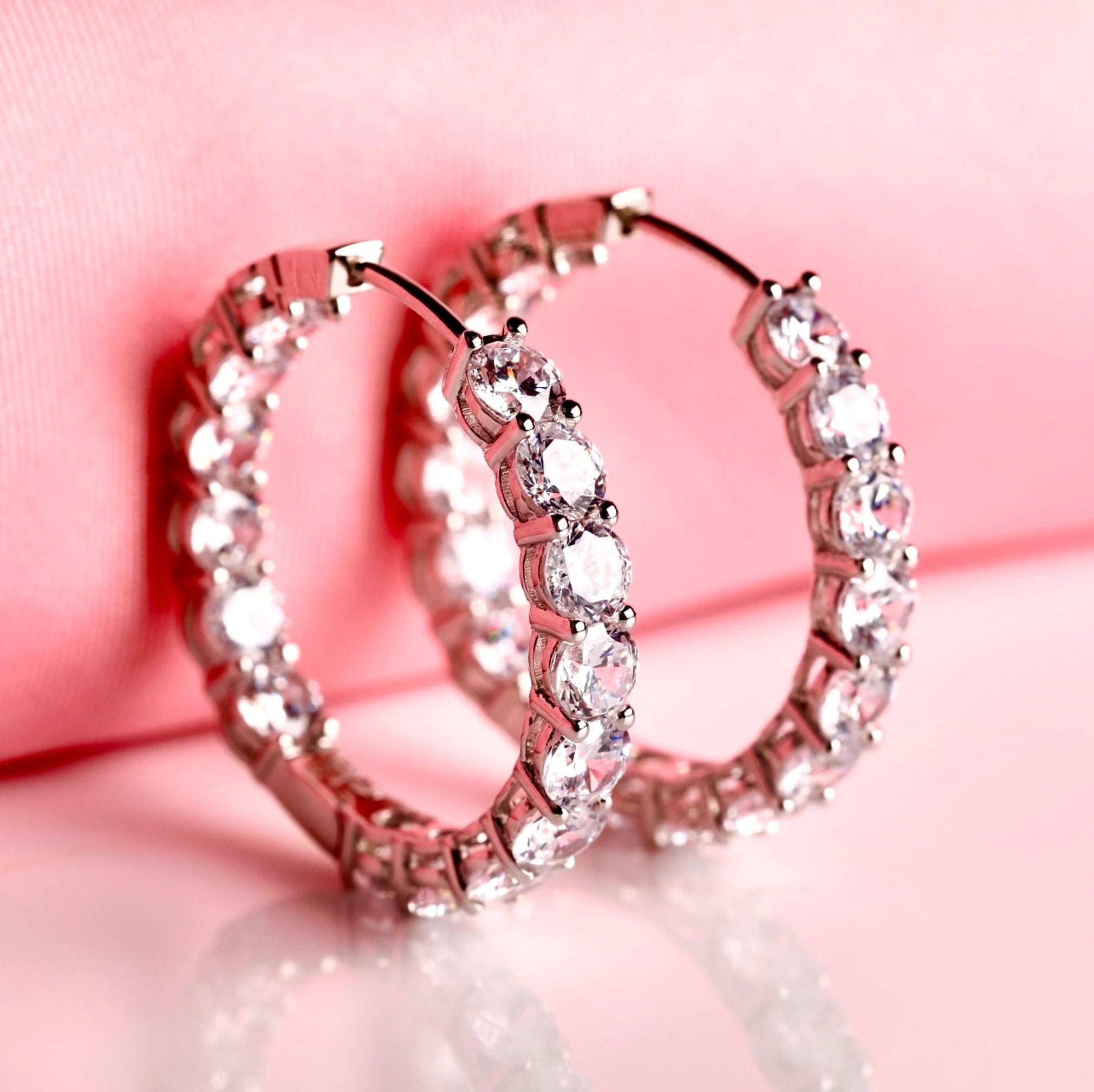 Hinged Hoop inside Out Earrings Set with round Simulated Diamonds 5A Cubic Zirconia in Rhodium Plated Sterling Silver 3Cm Diameter