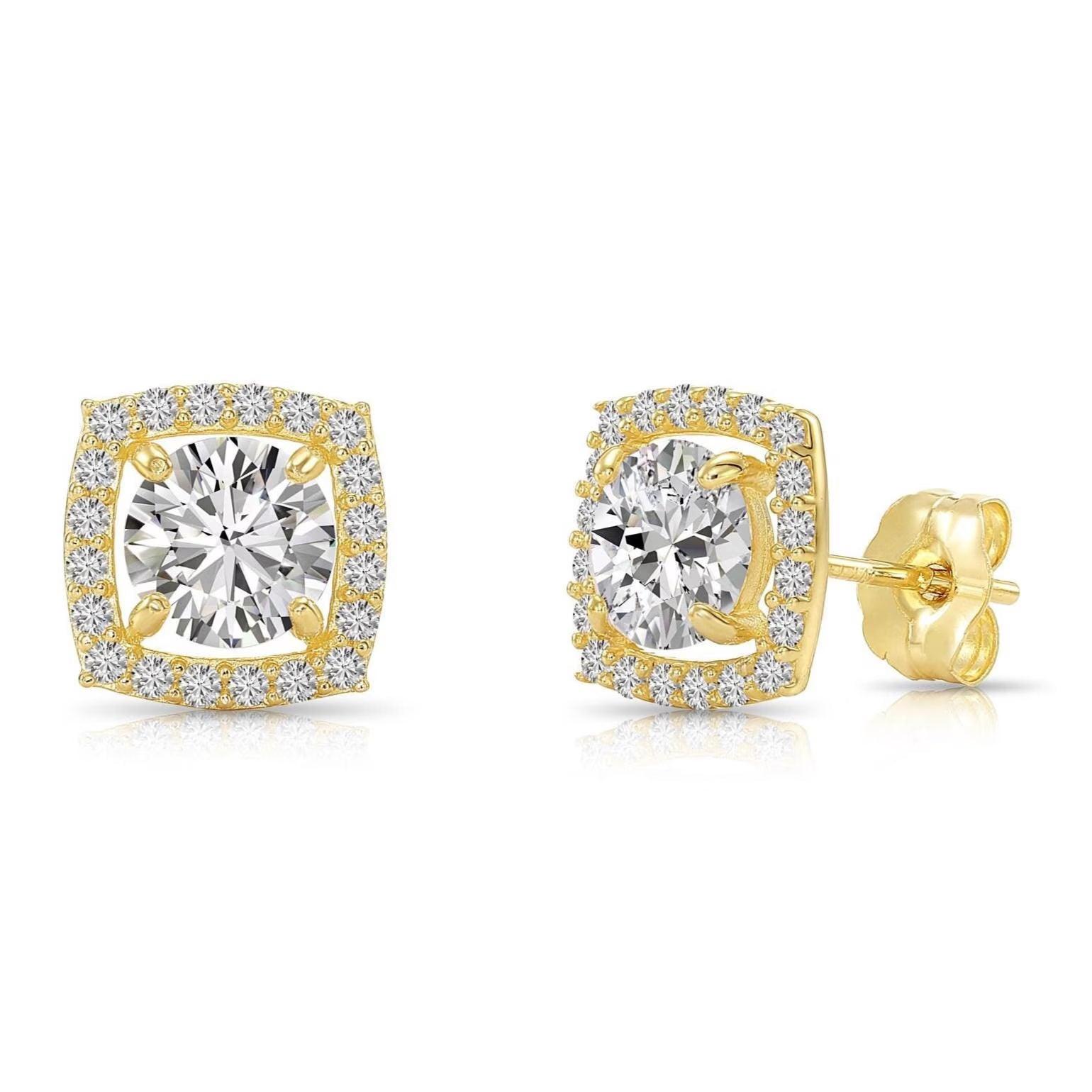 Stunning 14K Solid Yellow Gold Round CZ Halo Stud Earrings - Brilliant Cushion Design with Secure Pushbacks by TILO Jewelry.