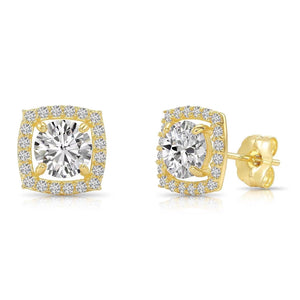 Stunning 14K Solid Yellow Gold Round CZ Halo Stud Earrings - Brilliant Cushion Design with Secure Pushbacks by TILO Jewelry.