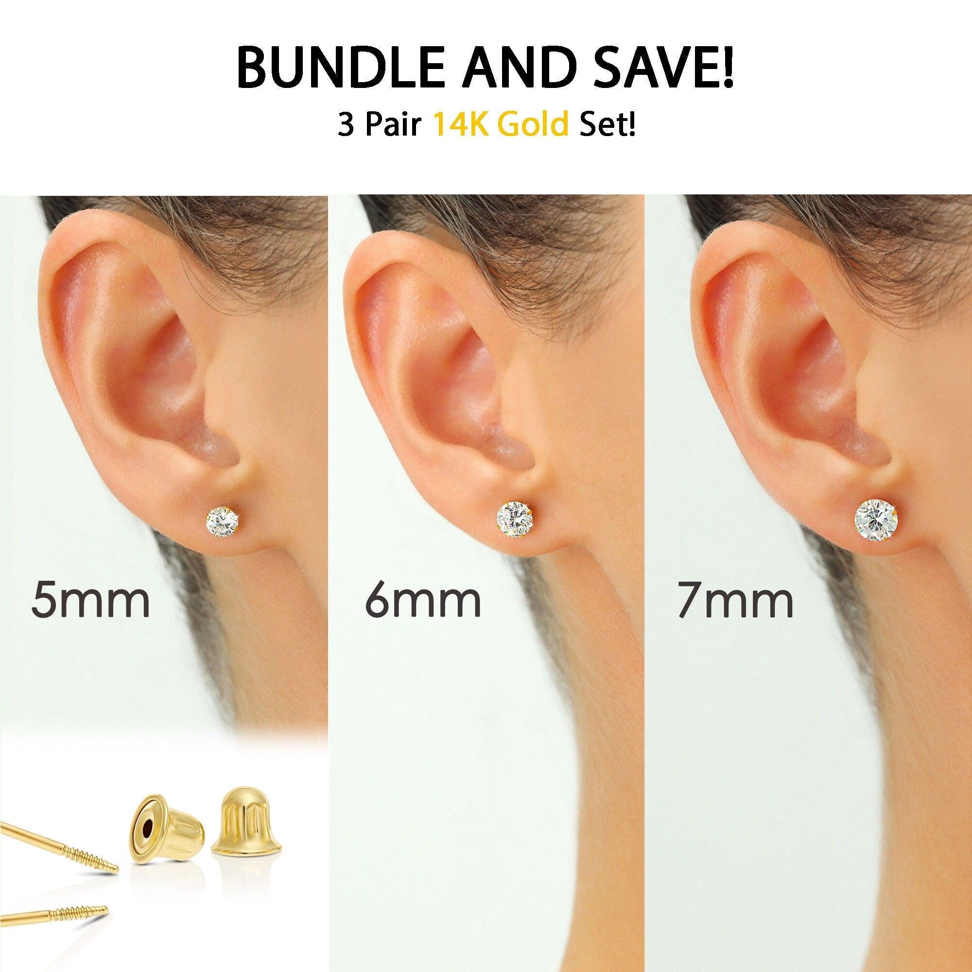 Stunning 14K Solid Yellow Gold CZ Stud Earrings Set - 3 Pairs of Round Screw Back Sleeper Earrings by TILO Jewelry.