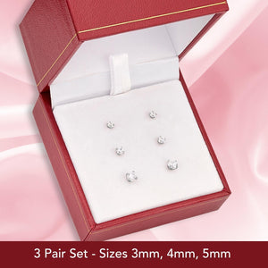 Elegant 14K Solid White Gold Screw Back Round CZ Basket Set Stud Earrings - Set of 3 Pairs.