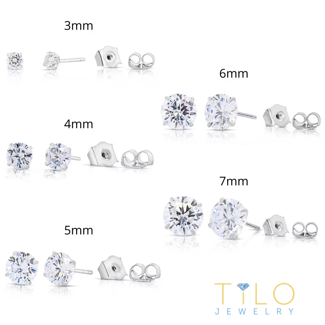 Set of 5! 925 Solid Sterling Silver Basket Set round CZ Stud Earrings, Pushback Sleeper Studs, Simulated Diamond, Unisex, by TILO Jewelry
