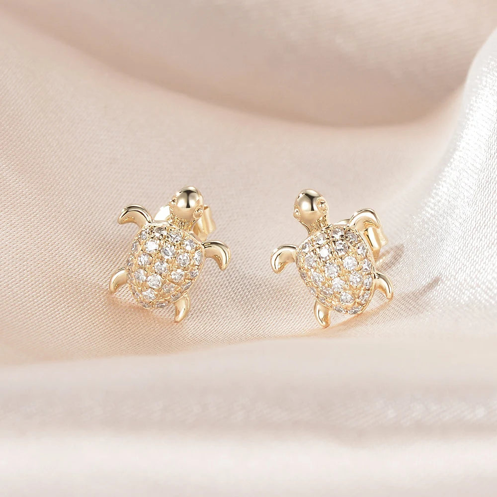 Unique Turtle Errings Natural Diamond Errings 14K Rose Gold Sea Turtle Animal Gold Errings Women Promise Anniversary Gift for Her per Pairs