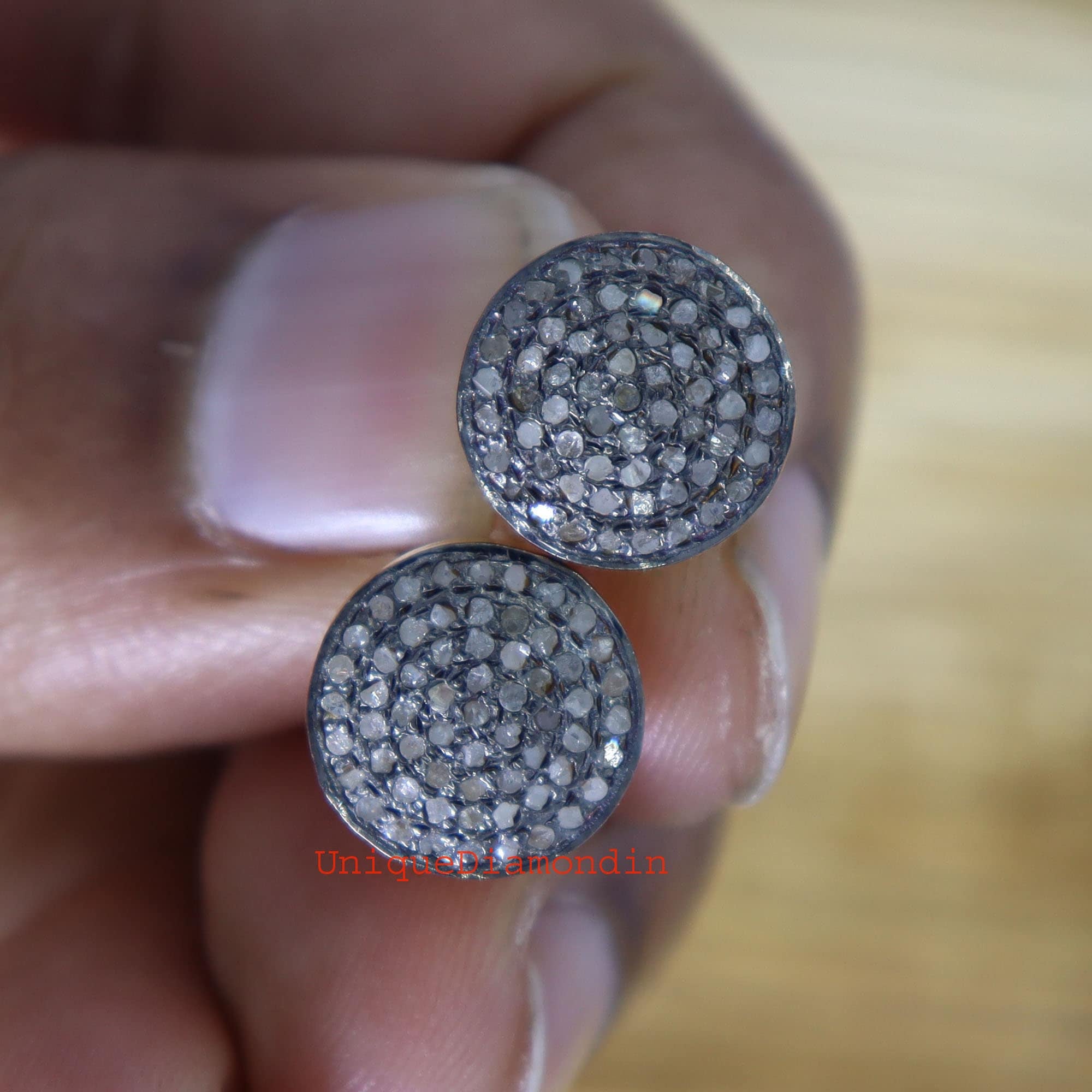 Handmade Pave Diamond Stud Earrings, 925 Sterling Silver, 14K Gold & Black Plated