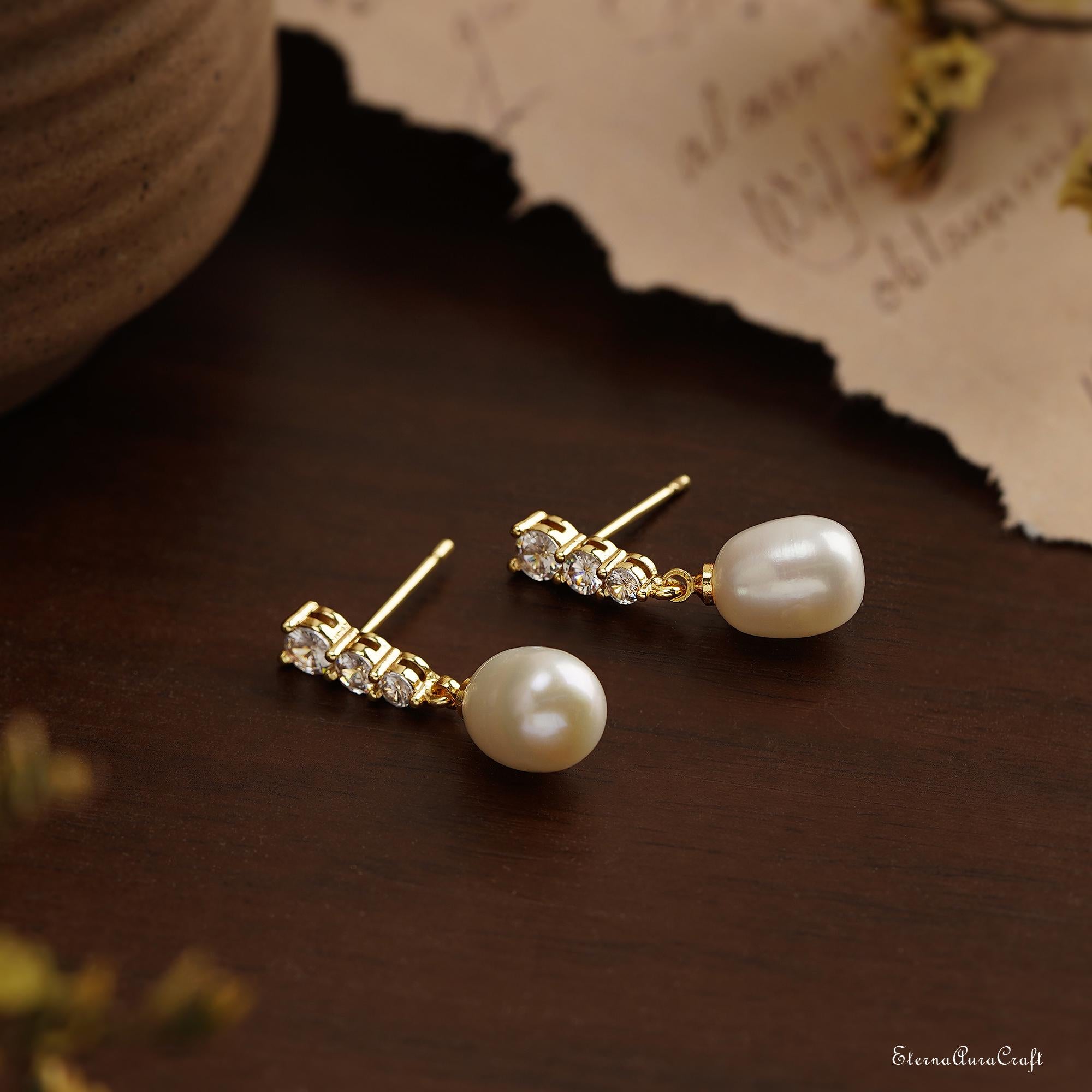 Real Freshwater Pearl Drop Earrings with Diamond, CZ Pearl Stud Earrings, Wedding Earrings, Pearl Bridal Earrings, Bridesmaid Gifts for Her
