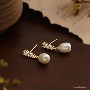 Real Freshwater Pearl Drop Earrings with Diamond, CZ Pearl Stud Earrings, Wedding Earrings, Pearl Bridal Earrings, Bridesmaid Gifts for Her