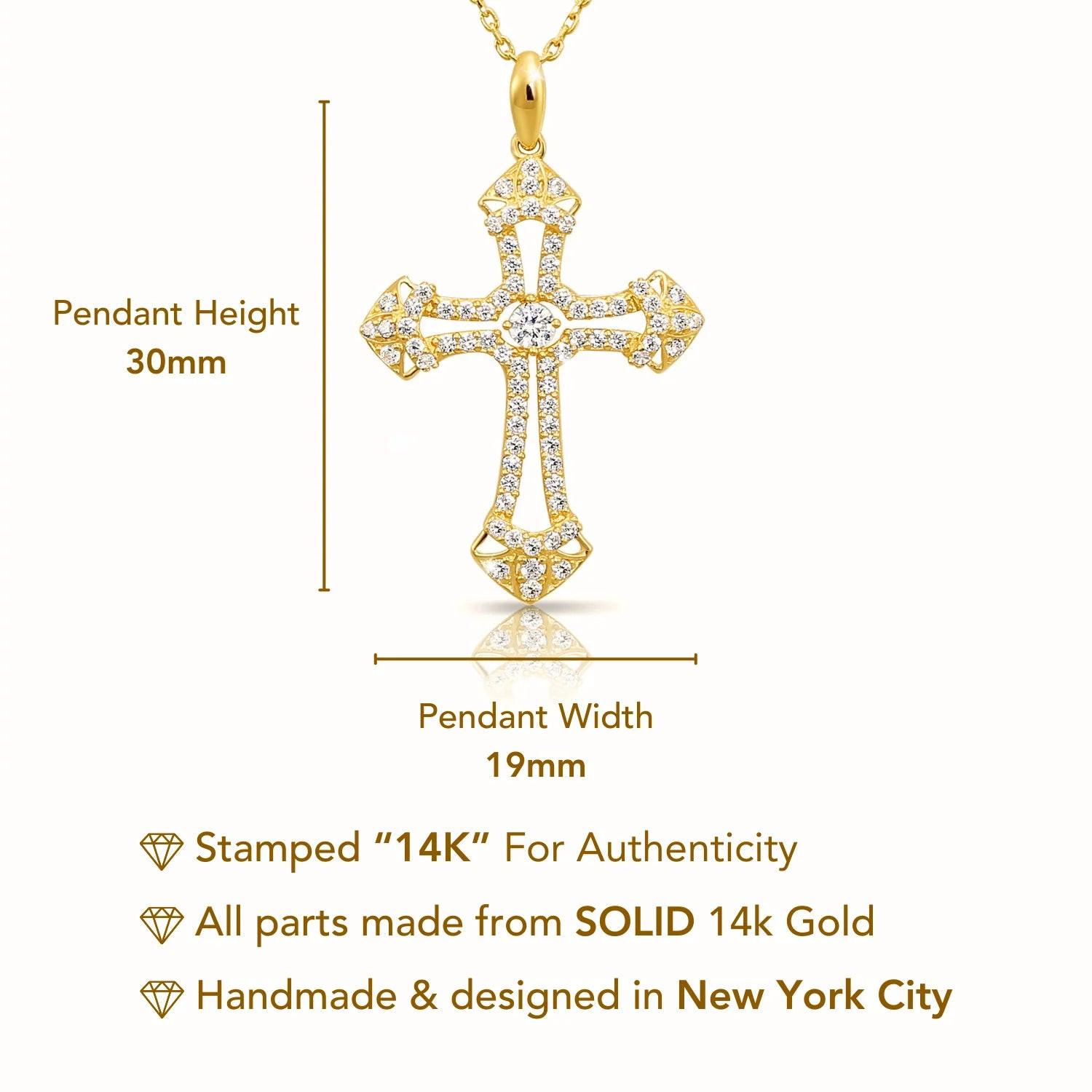 Stunning 14K Solid Yellow Gold CZ Cross Pendant Necklace with 18" Cable Chain.