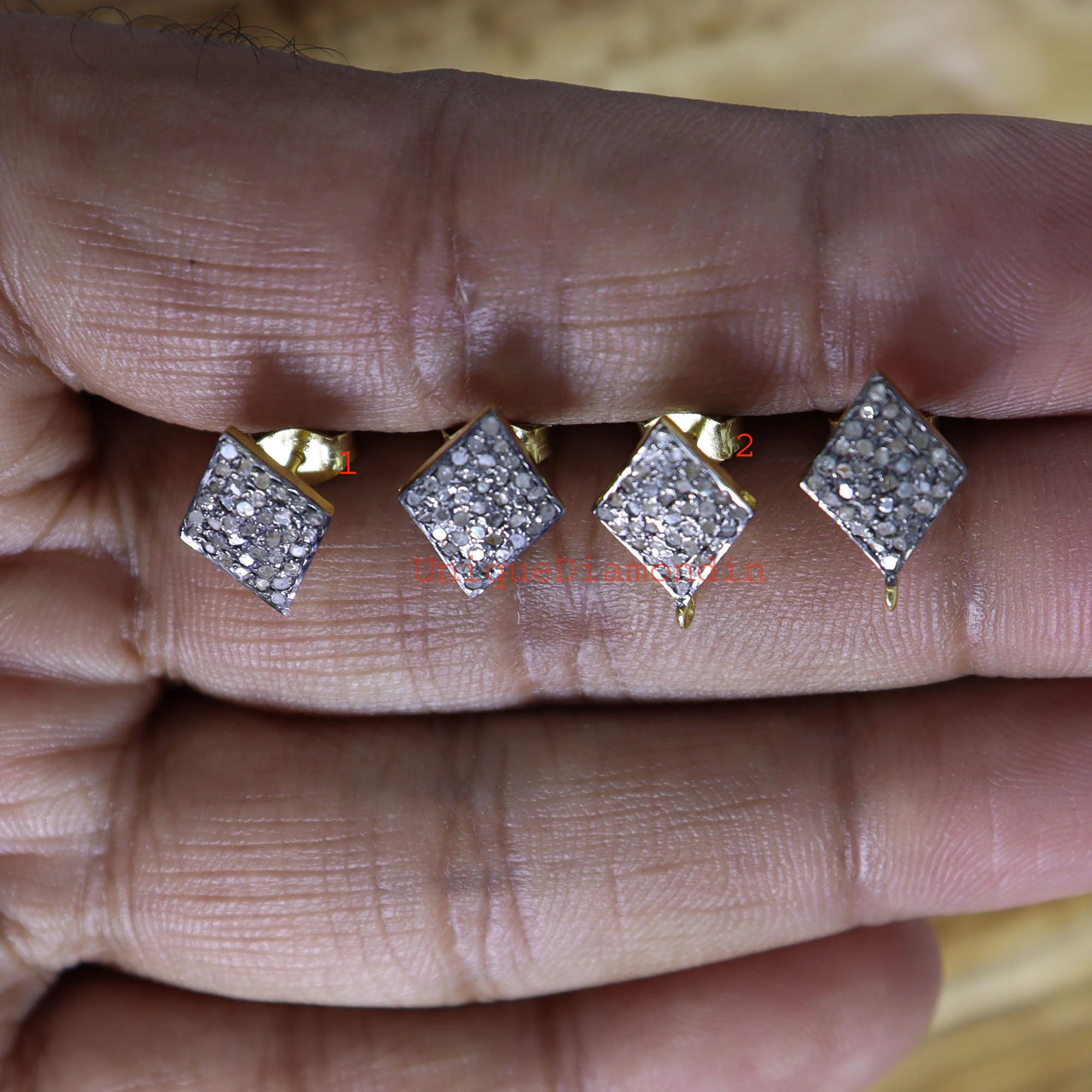Handmade Pave Diamond Stud Earrings, 14K Gold & Sterling Silver Studs