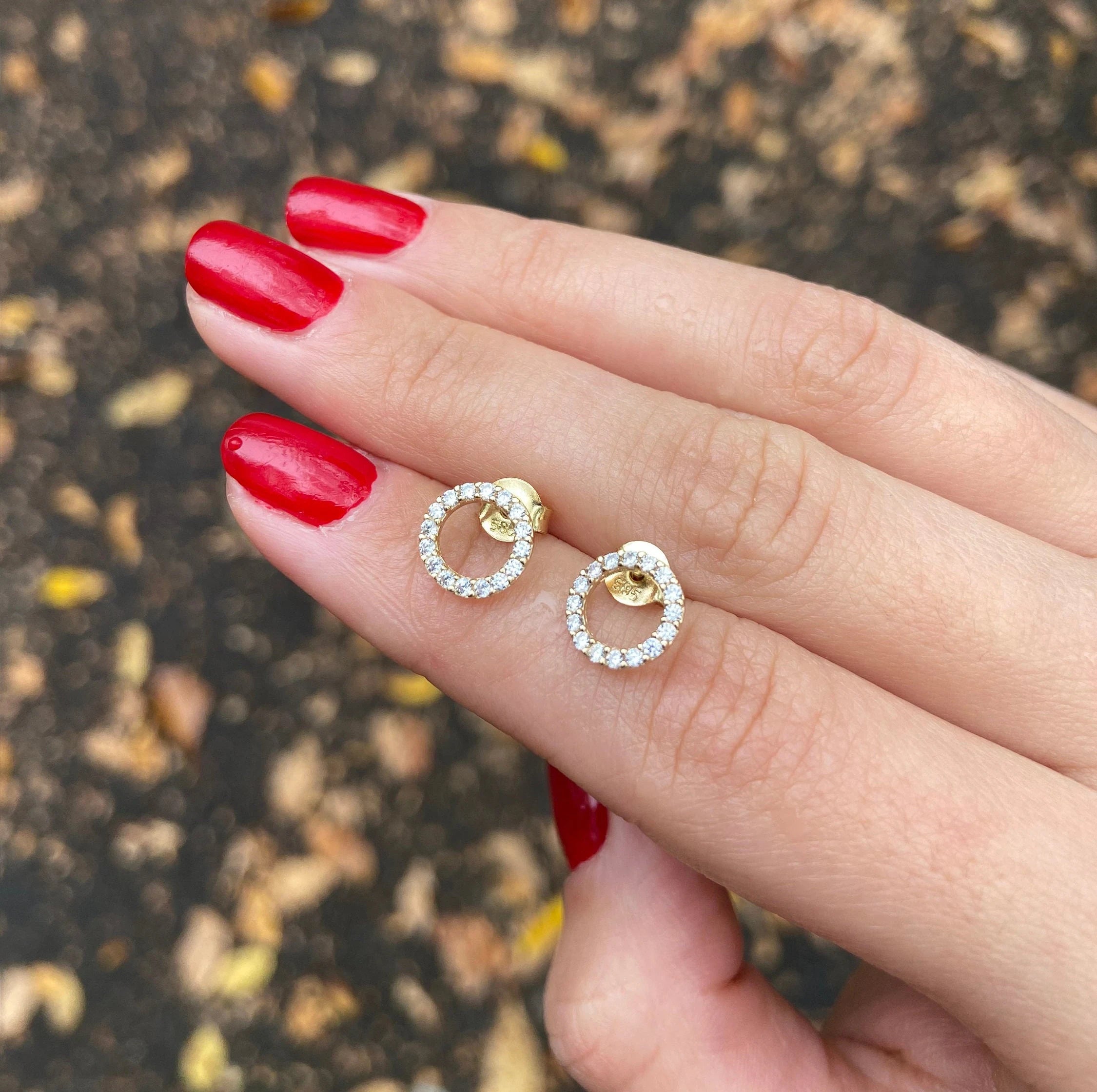 14K Gold CZ Pave Open Circle Stud Earrings, Geometric Halo