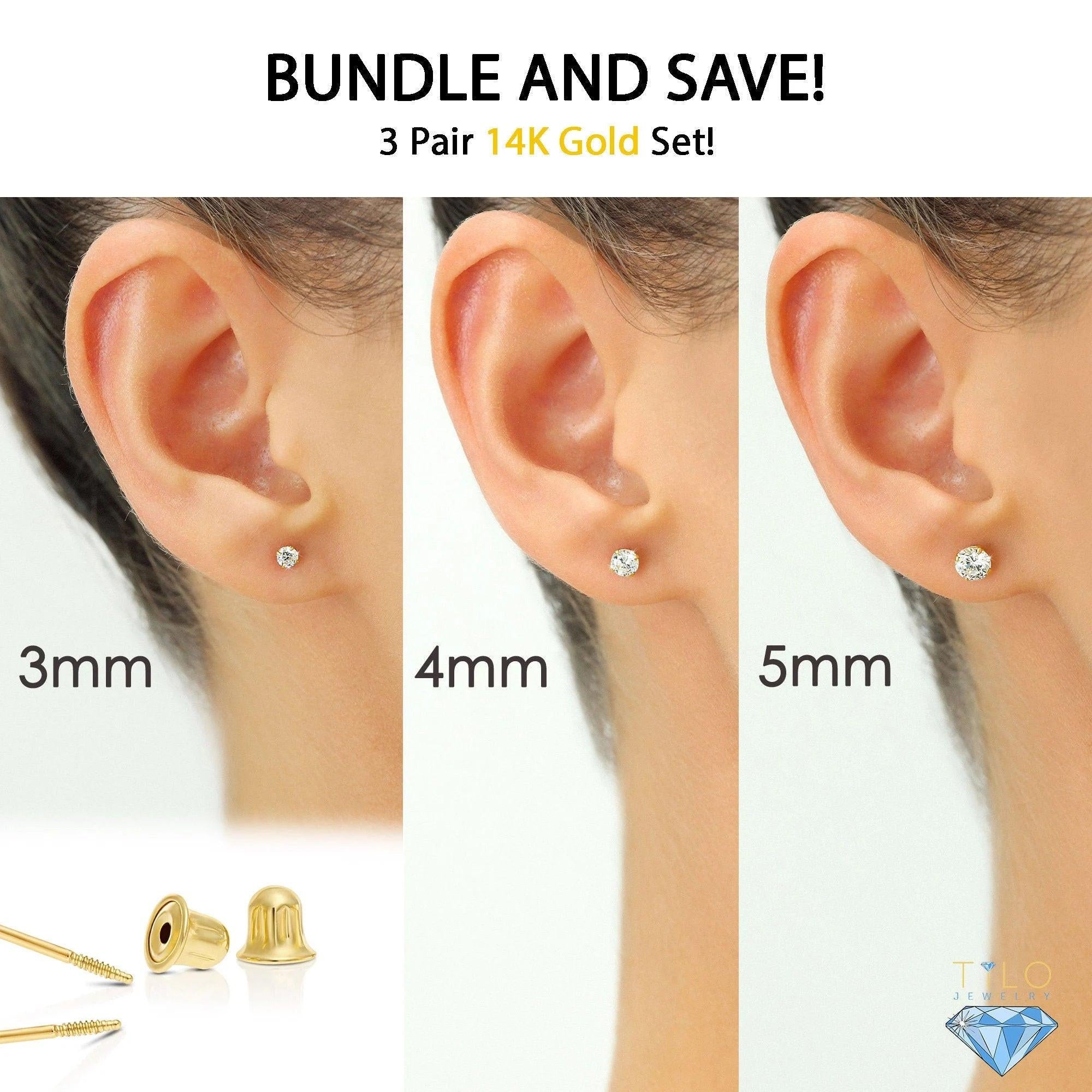 Stunning 14K Solid Yellow Gold CZ Stud Earrings Set - 3 Pairs of Round Screw Back Sleeper Earrings by TILO Jewelry.