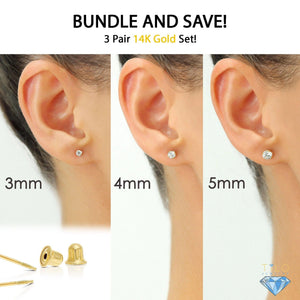 Stunning 14K Solid Yellow Gold CZ Stud Earrings Set - 3 Pairs of Round Screw Back Sleeper Earrings by TILO Jewelry.