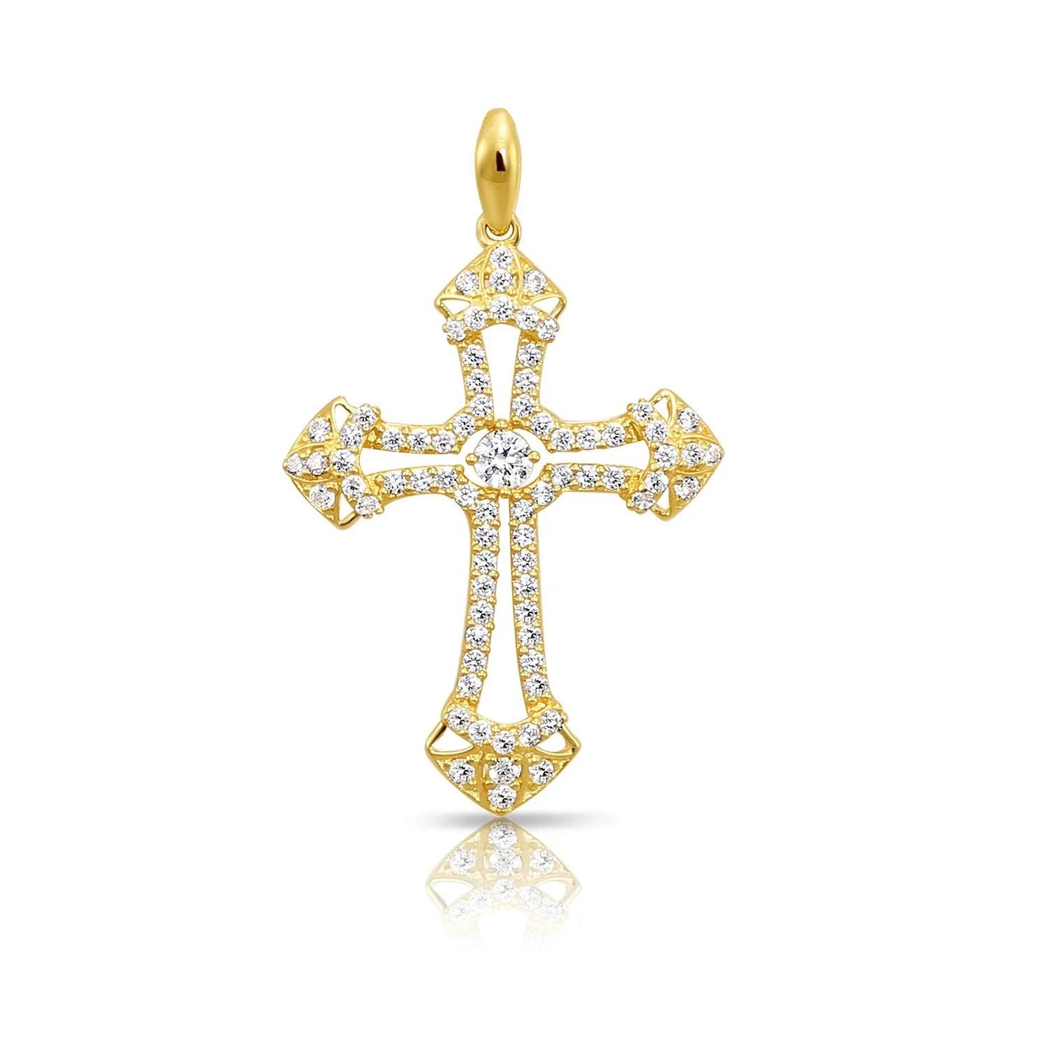 Stunning 14K Solid Yellow Gold CZ Cross Pendant Necklace with 18" Cable Chain.