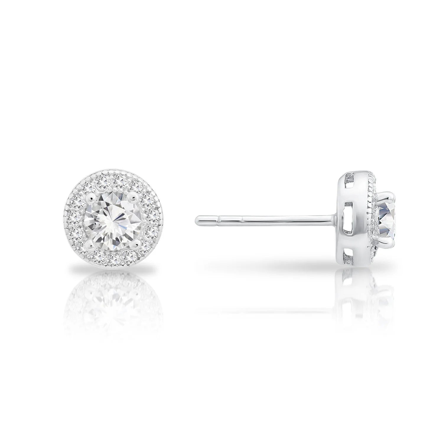 CZ Solitaire Halo Stud Earrings, 0840 in Sterling Silver