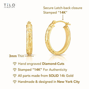 Stunning 14K Solid Gold Oval Hand-Engraved Tornado Pattern Diamond Cut Hoop Earrings.