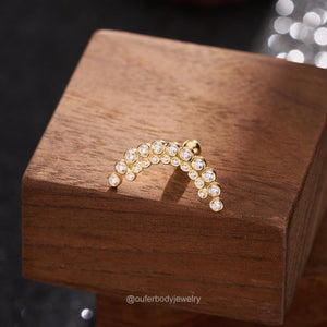14K Solid Gold Invisible Set Diamond Apsara Curve Threaded Stud Earring/Ball-End Earring with Double Row CZ Cartilage, Helix, Conch Piercing