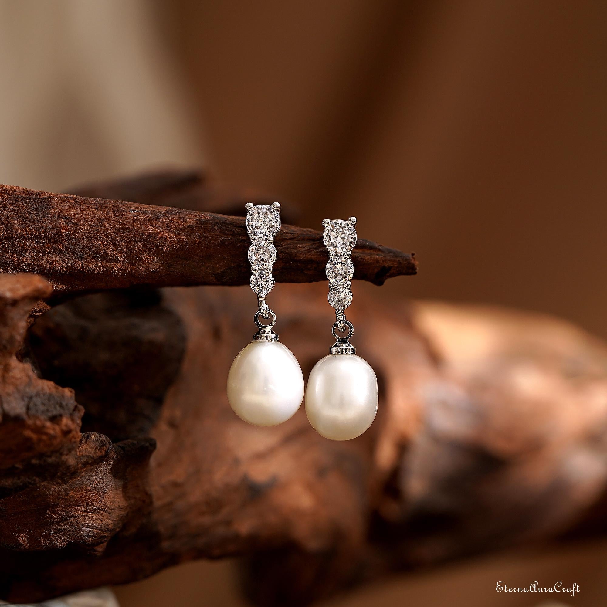 Real Freshwater Pearl Drop Earrings with Diamond, CZ Pearl Stud Earrings, Wedding Earrings, Pearl Bridal Earrings, Bridesmaid Gifts for Her