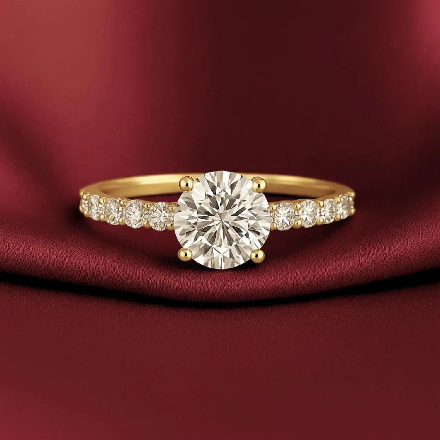 Stunning 14K Yellow Gold 1 Carat Round Brilliant Solitaire Engagement Ring with Elegant Side Stones.