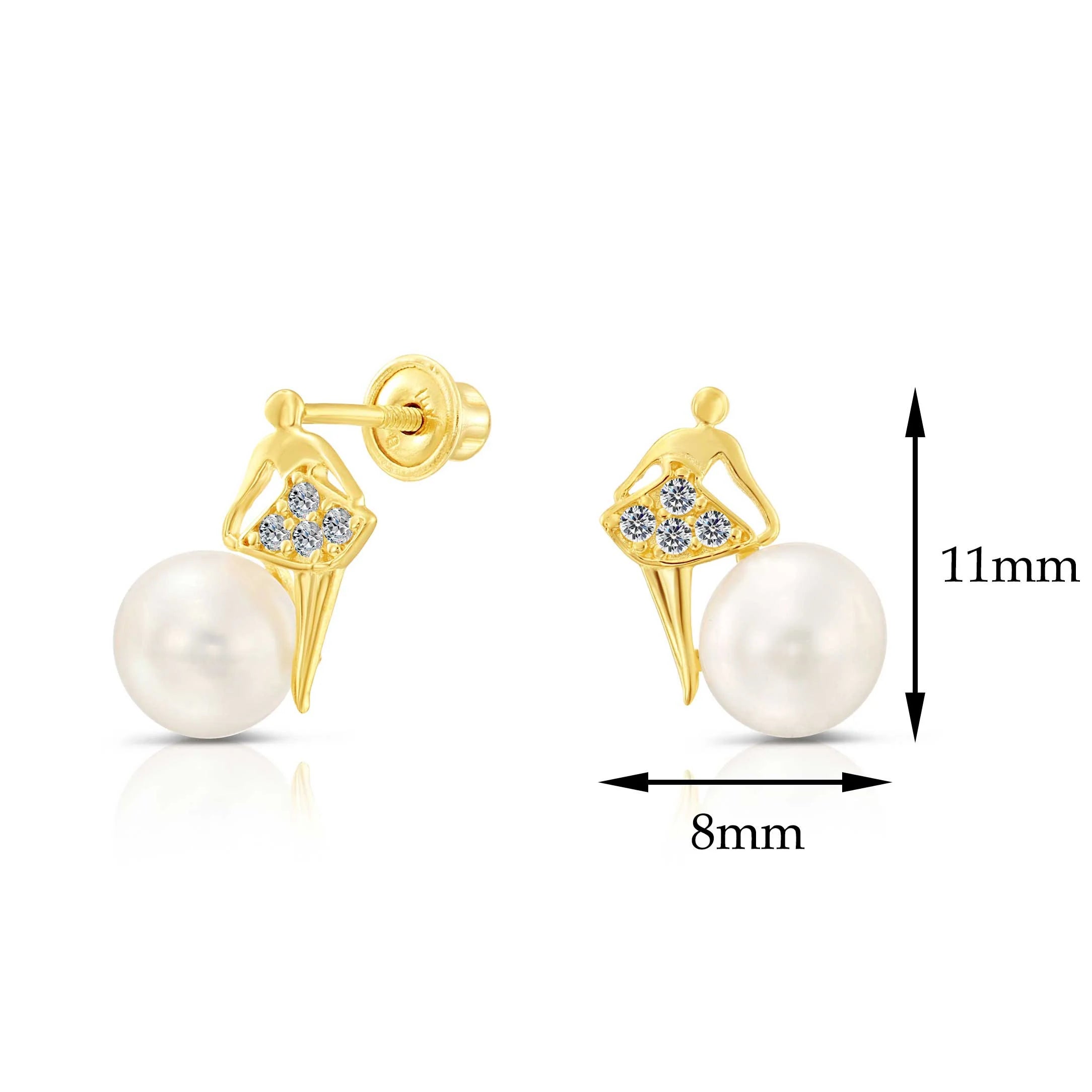 10K Yellow Gold Ballerina with Pearl Stud Earrings