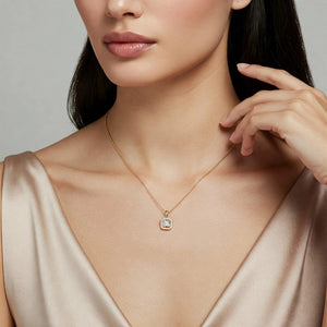 Stunning 14K Yellow Gold Princess-Cut Halo Pendant Necklace.