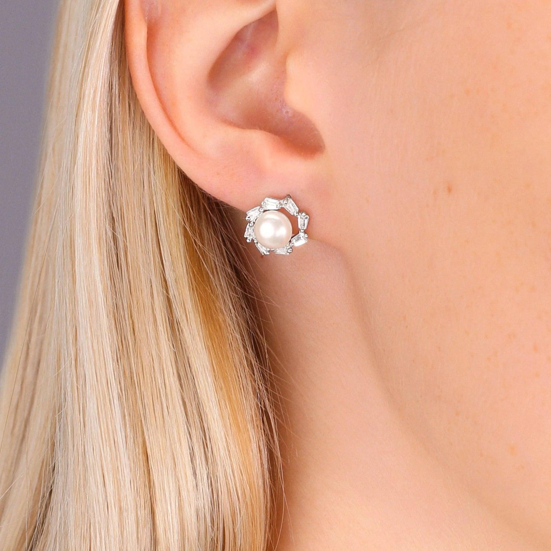Stunning CZ Halo Pearl Stud Earrings in Sterling Silver.
