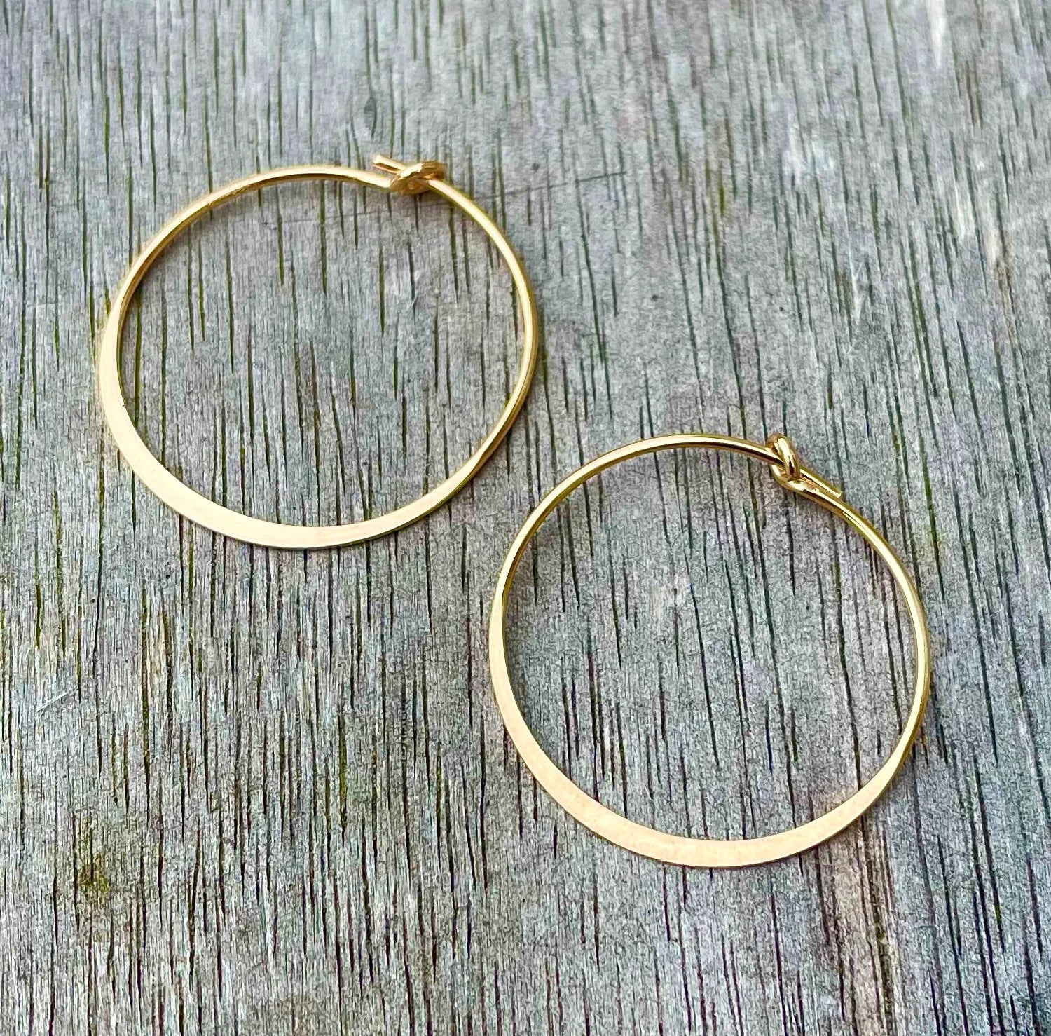 14K Yellow Gold Filled Hoop Earrings: Hammered Flat Edge, 15Mm