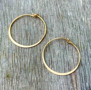 14K Yellow Gold Filled Hoop Earrings: Hammered Flat Edge, 15Mm