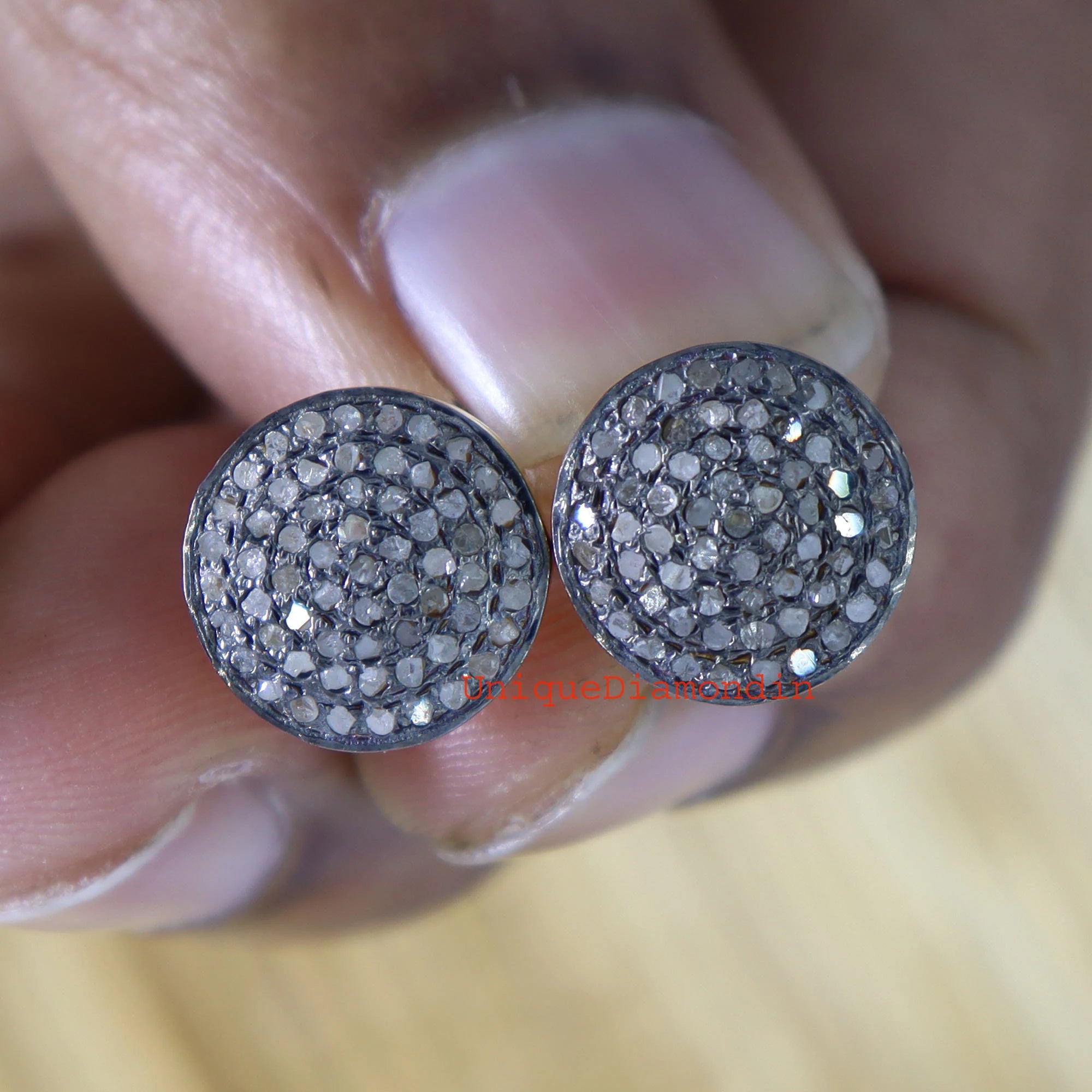 Handmade Pave Diamond Stud Earrings, 925 Sterling Silver, 14K Gold & Black Plated