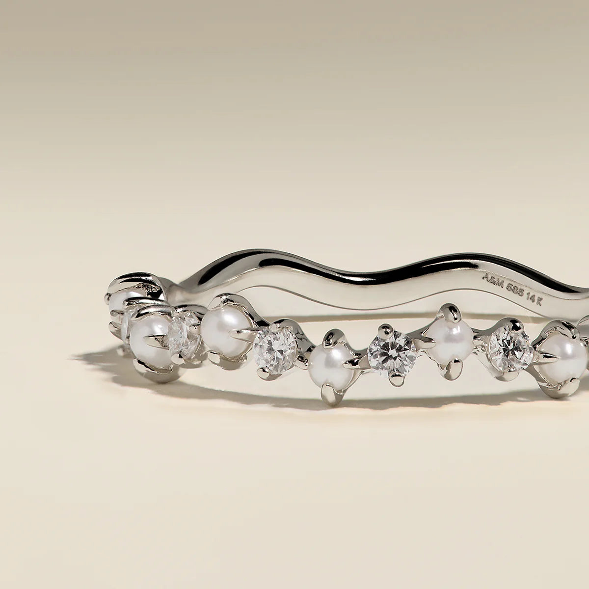Diamond & Pearl Scalloped Ring in Solid White Gold