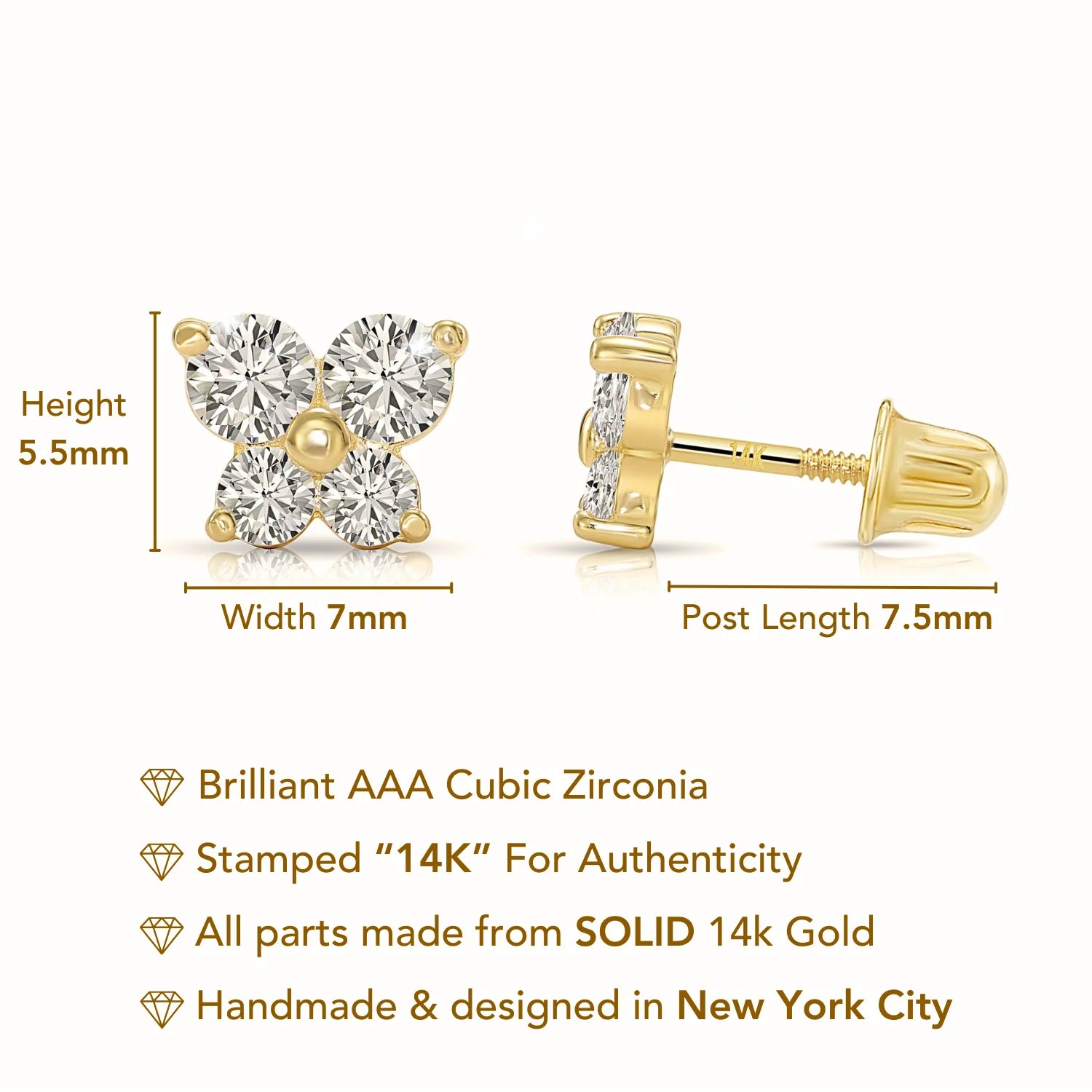14K Solid Gold Butterfly CZ Stud Earrings, with Secure Screw-Backs
