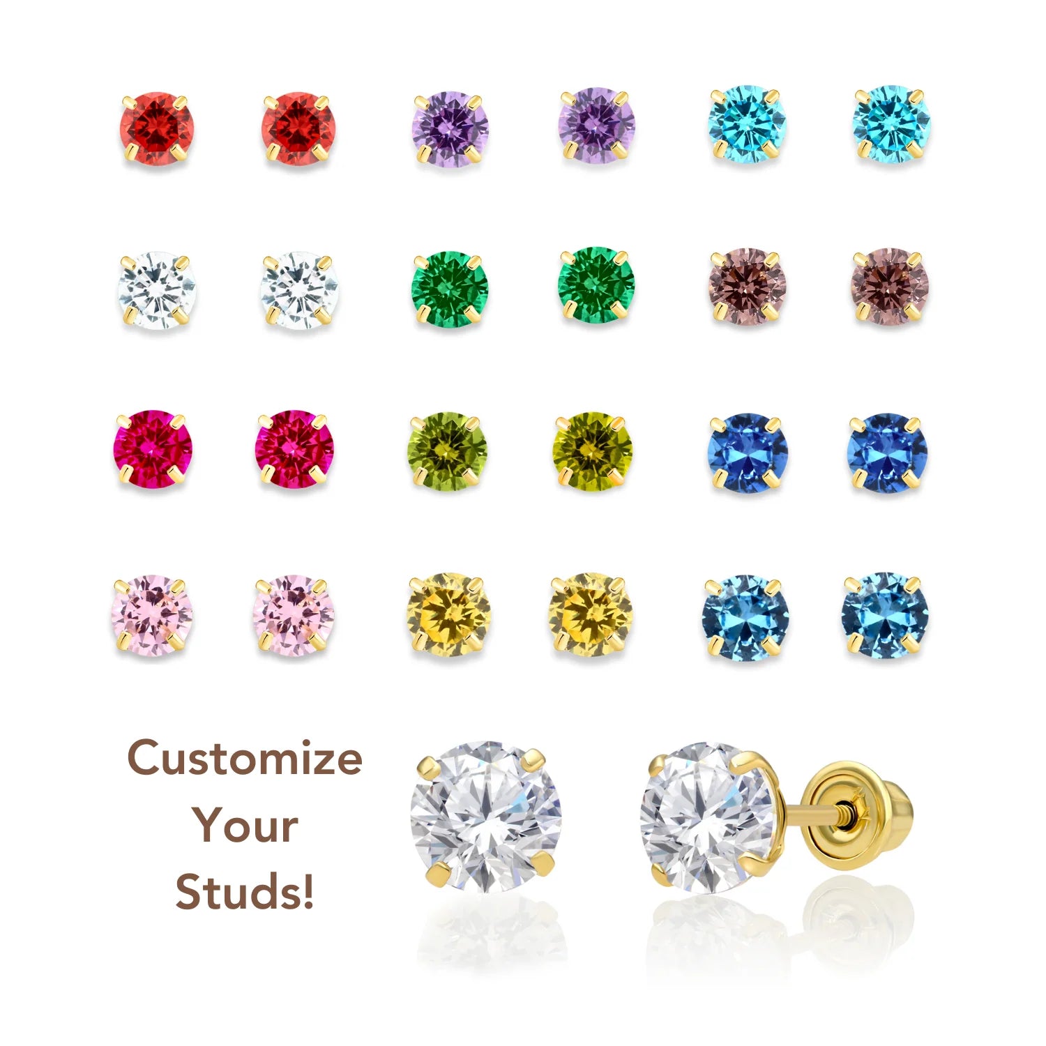 14K Yellow Gold Birthstone Stud Earrings, Screw-Back, 5Mm
