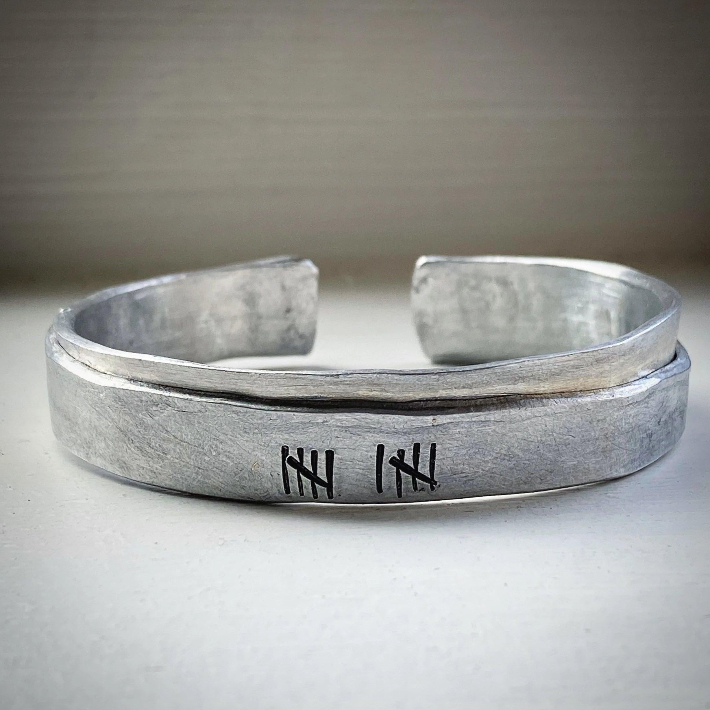 10 Year Anniversary Hand Stamped Aluminium Tally Mark Cuff Bracelet Gift.