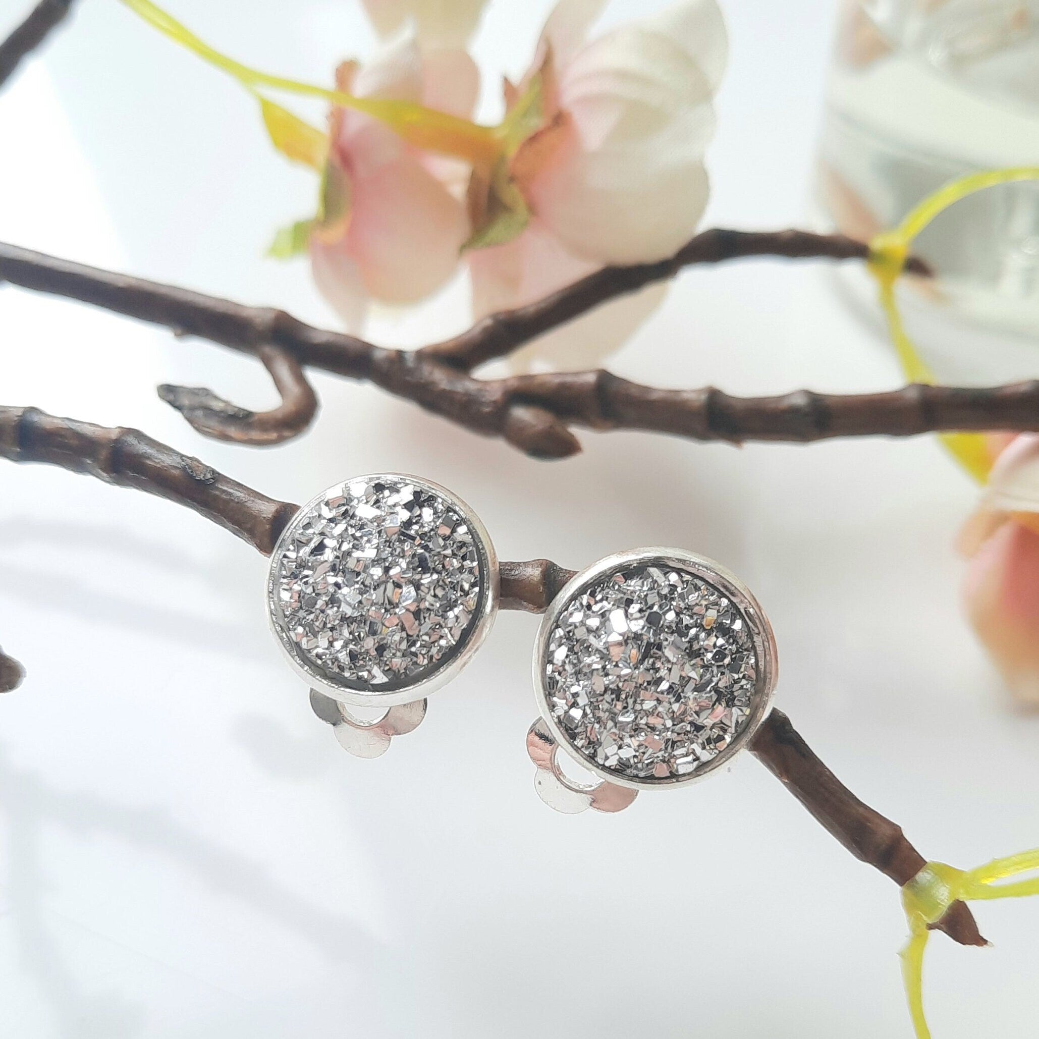 Silver Glitter Clip on Stud Earrings. Stainless Steel 12Mm Studs