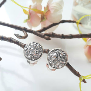 Silver Glitter Clip on Stud Earrings. Stainless Steel 12Mm Studs
