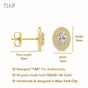 14K Yellow Gold Oval CZ Halo Stud Earrings