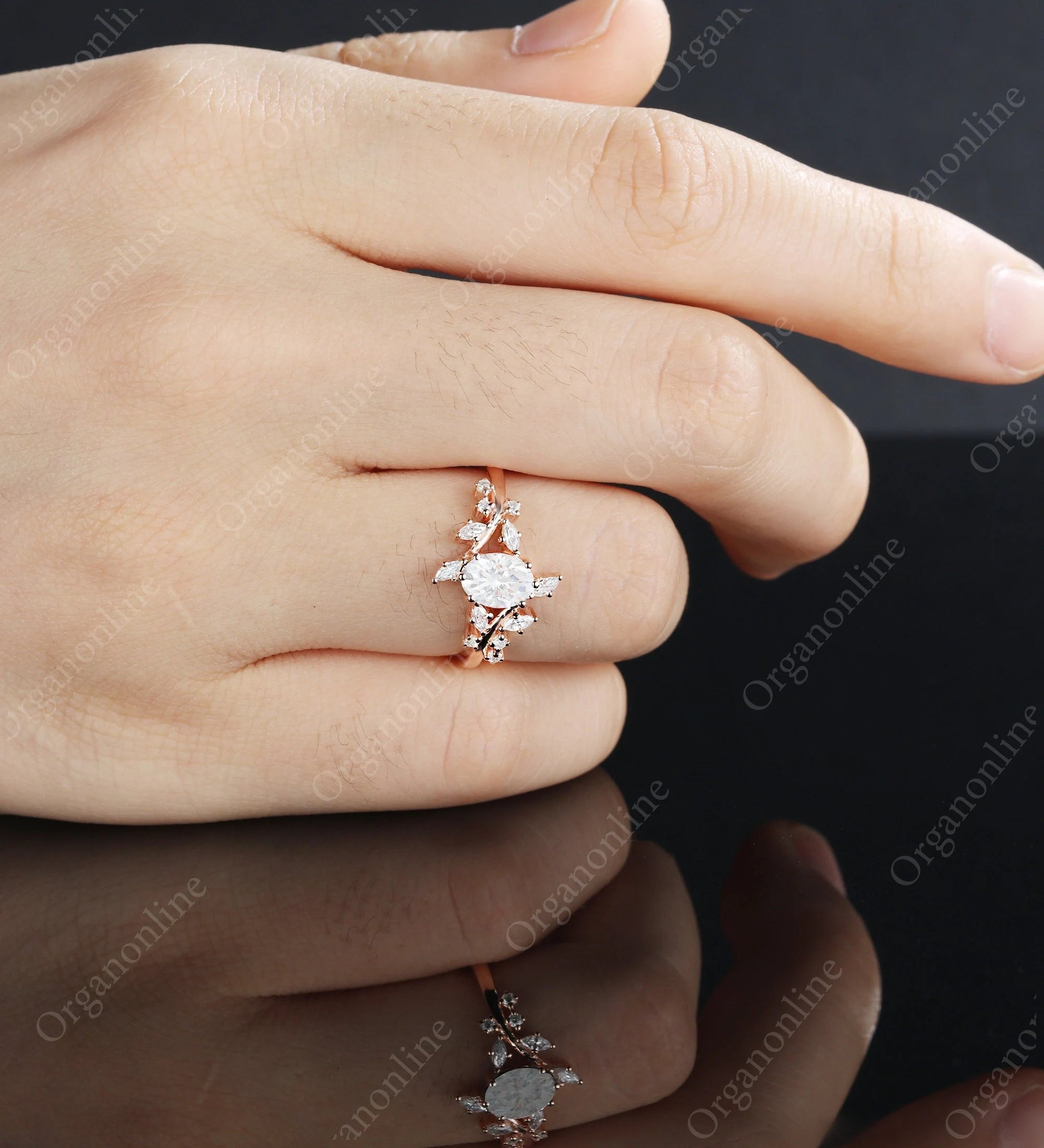 Oval Moissanite Engagement Ring Vintage Unique Marquise Cut Diamond Cluster Ring Rose Gold Engagement Ring Leaf Ring Bridal Ring Anniversary