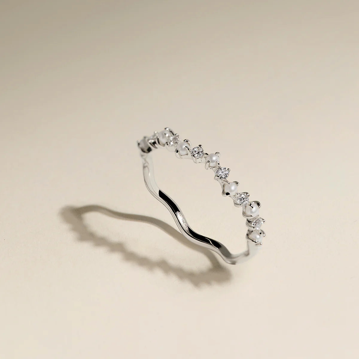 Diamond & Pearl Scalloped Ring in Solid White Gold