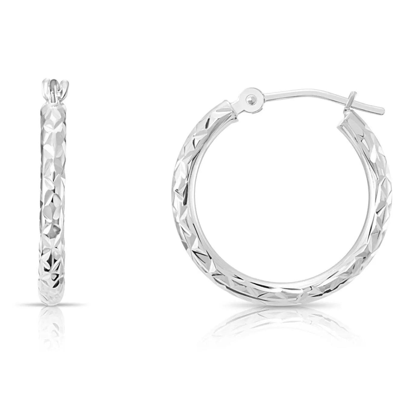 Stunning 14K Yellow Gold Diamond-Cut Hand Engraved "X-Pattern" Round Hoop Earrings - Available in Small, Medium, and Large by TILO Jewelry.