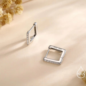 CZ Pave Square Huggie Hoop in Sterling Silver, Skinny Geometric Hoop Earrings, Gold or Silver Finish, 8Mm Minimalist Hoops