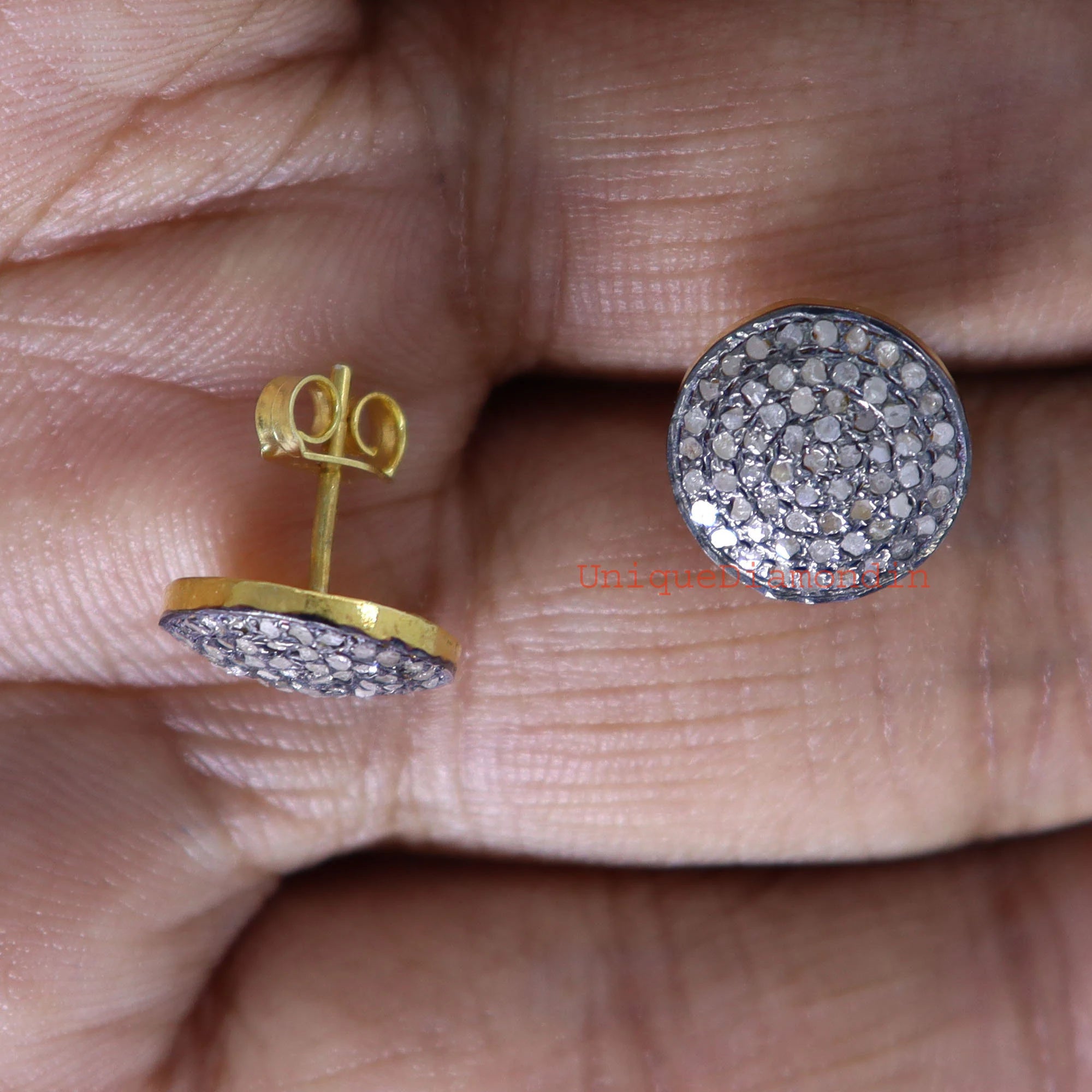 Handmade Pave Diamond Stud Earrings, 925 Sterling Silver, 14K Gold & Black Plated