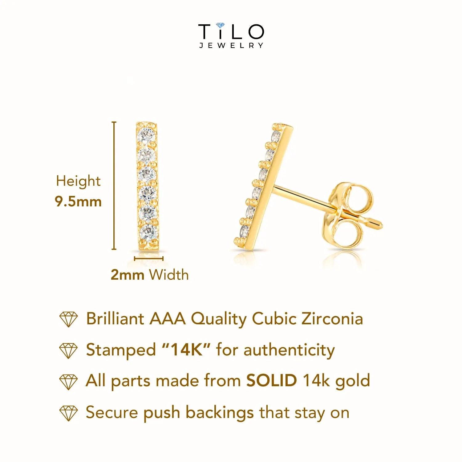 Elegant 14K Solid Gold Minimalist Cubic Zirconia Bar Stud Earrings - Petite and Dainty Design.