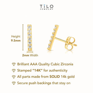 Elegant 14K Solid Gold Minimalist Cubic Zirconia Bar Stud Earrings - Petite and Dainty Design.